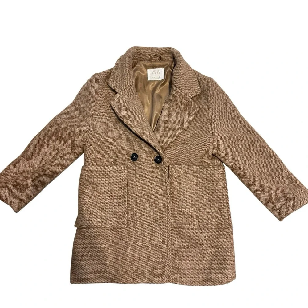 Zara Girls woll blend double‎ breasted coat size 9c/134 cm Pre Owned Beige/Tan